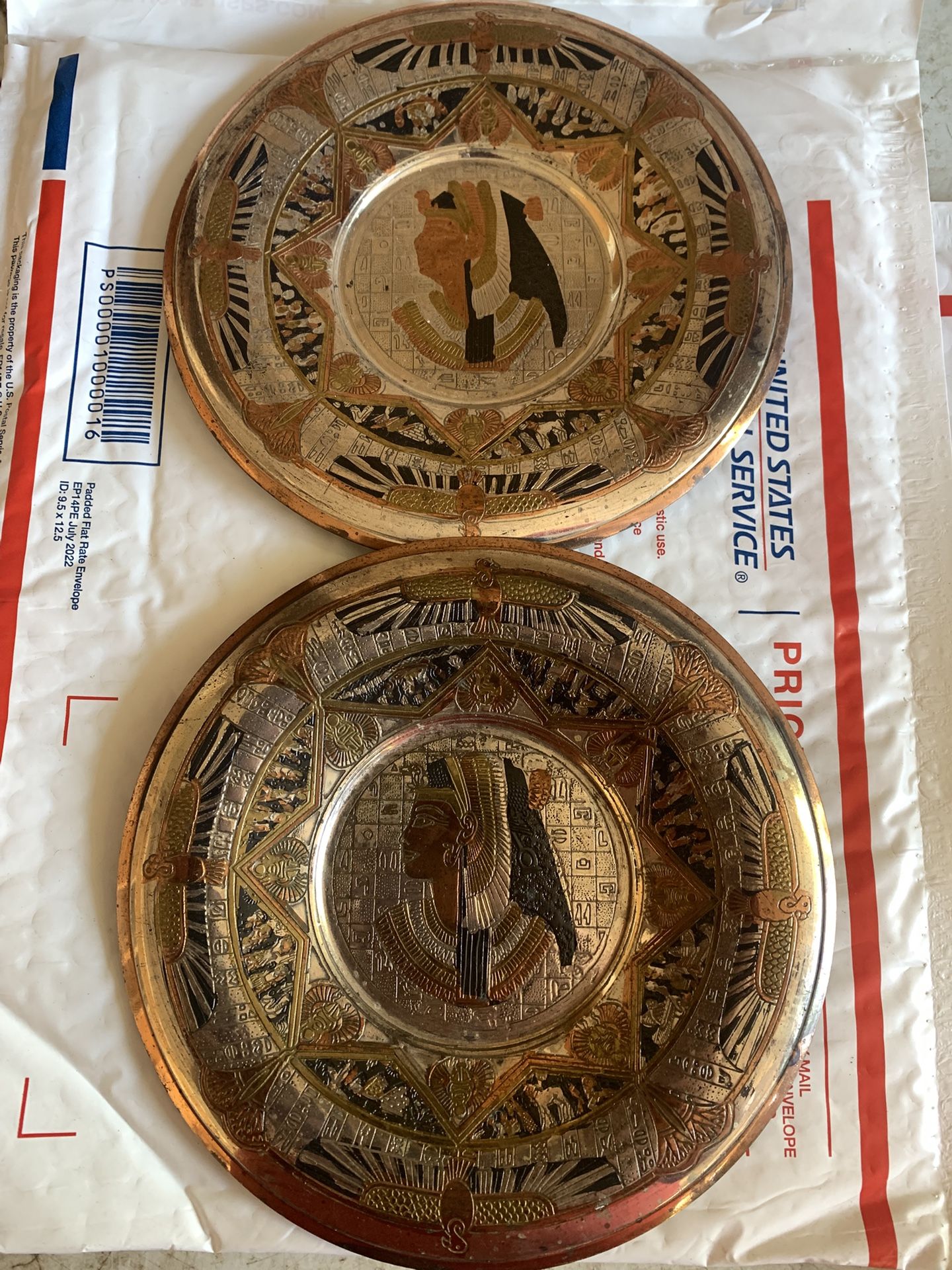Vintage Egyptian Plates Silver Gold And Brass