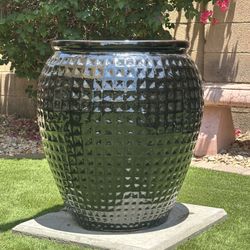 X-Large 29” tall Black Square Patterned Ceramic Outdoor Patio Pot, Handmade Vietnamese Pottery