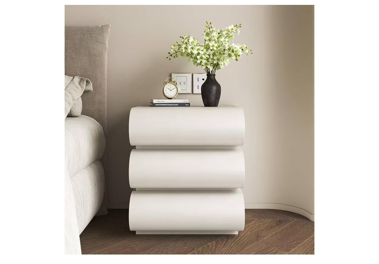 Mid-Century Modern Nightstand, Leather-Wrapped Bedside Table with 3 Spacious Solid Wood Drawers, Round Curved Design for Bedroom Decor