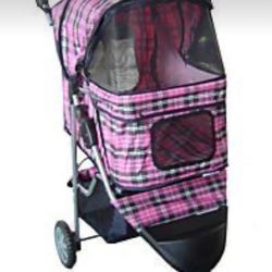 Pink And black Plaid dog stroller 