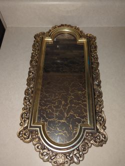 Old Glass Mirror Picture Frame With Gold Metal  Frame