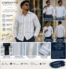 Claiborne Modern Fit Men’s Long Sleeve Button-Up Shirt Blue White Striped Size L