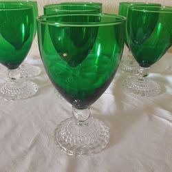 Set of 7 Green & Clear Bubble Foot Stem Goblet Glasses