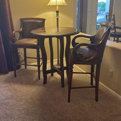 Pub Table W/ Two Leather Chairs 
