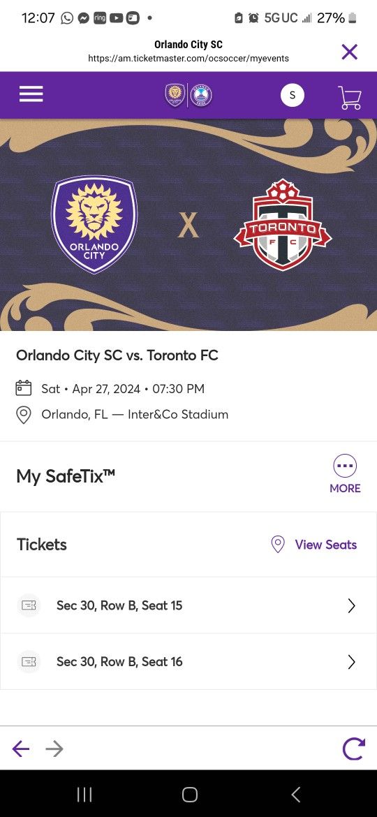 Orlando City VS Toronto FC This Saturday $80