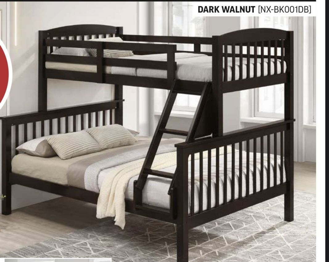  Twin/full bunk bed. Merlot(dark cherry)& Dark brown(dark walnut). $299 with out mattresses. $525 with mattresses. Assembly required. Assembly not inc