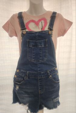 Denim Overall Shorts with Distressed Hem