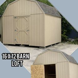 16x12 Barn Loft includes: 1 shed door, 2 free shelves
