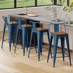 24" Metal Bar Stools Set of 4 Counter Height Barstools, Industrial Counter Stool Kitchen Bar Chairs with Modern Wooden Seat, Distressed Navy
