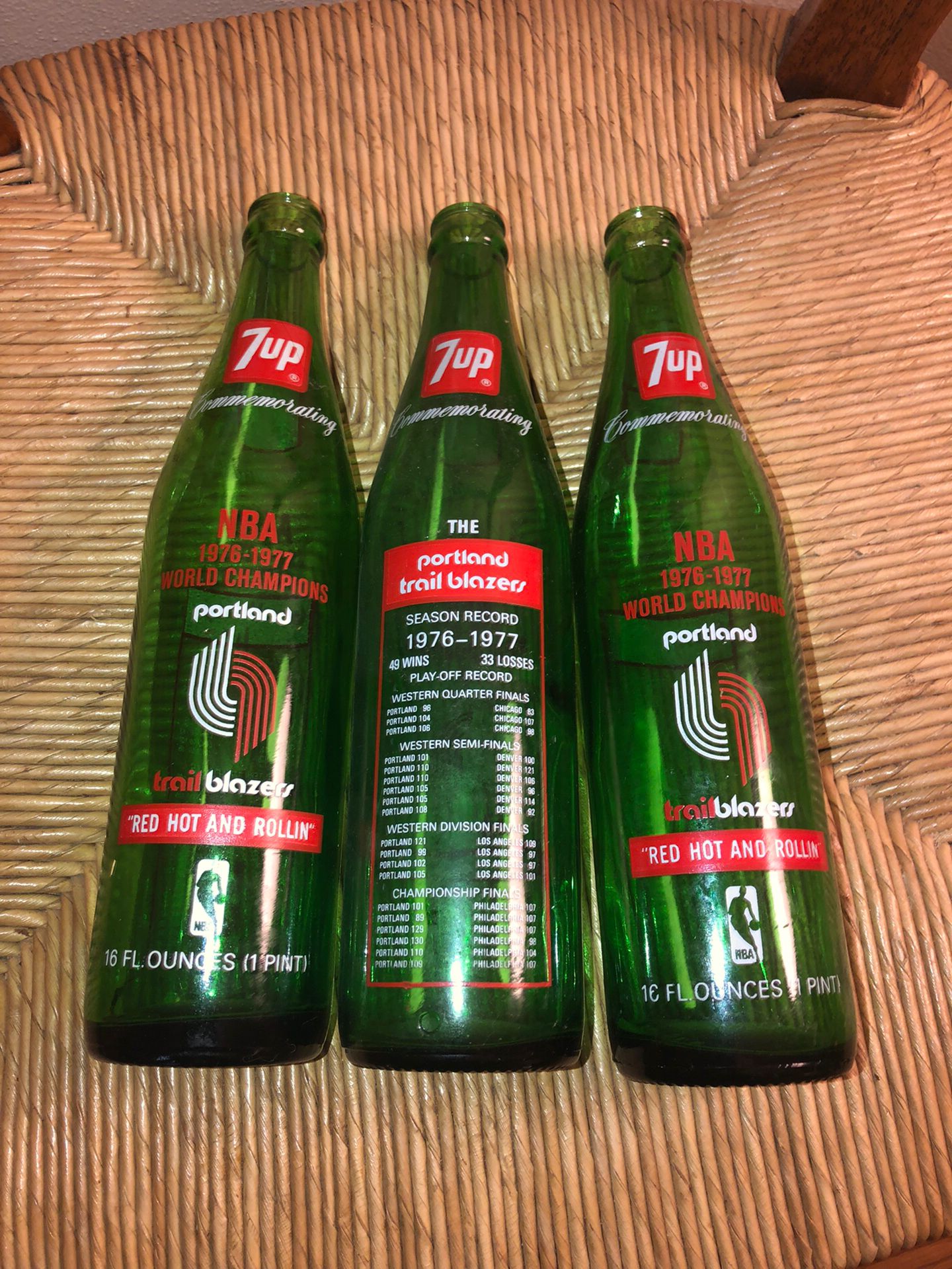 7UP SODA BOTTLE Commemorating NBA 76-77 World Champions Portland Trail Blazers ! Set Of 3