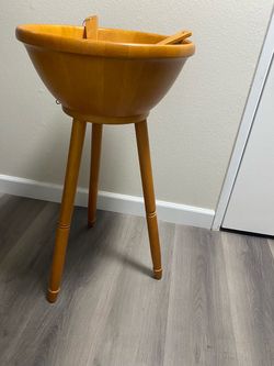 Vintage Mid-Century Modern 18" Wood Salad Bowl on Tripod Stand with Servers – Made in Thailand