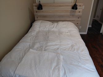 Modern Light Oak Queen Bed Frame with Built-in Black Sconce Lights + Mattress
