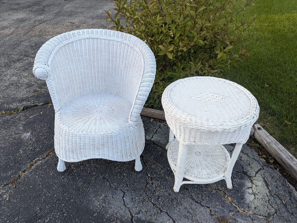White Wicker Chair And Side Table/End Table