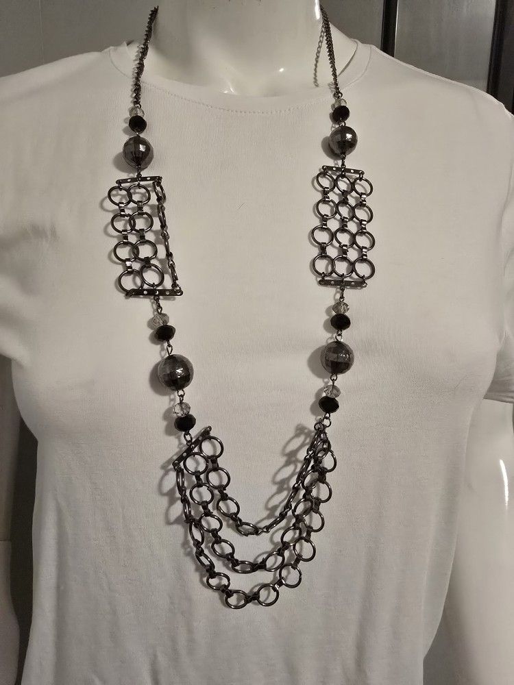 Vintage Multistrand Chain Necklace In Silver Tone with Black Clear Beads 18"