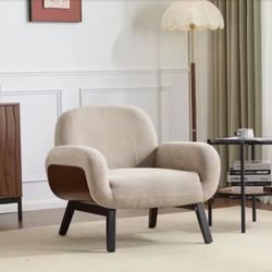 Gina Modern Khaki Fabric Upholstered Accent Chair Arm Chair with Round Arms and Solid Wood Legs