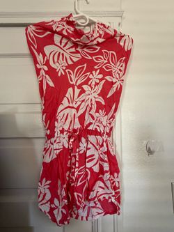 Batik Women’s Tropical Floral Halter Romper S/M Coral Pink Open Back Summer Beach Vacation