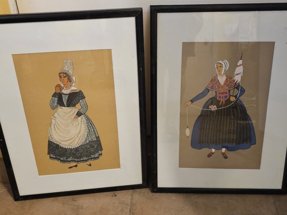 Antique French Illustration Costume Women Folk Art