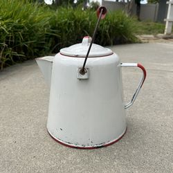Vintage White And Red Enamelware kettle 