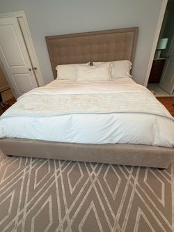 Horchow king bed tufted upholstered platform nailhead details No mattress 64h x 85hg x 89ling 14” at footboard Smoke free household