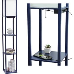 Floor Lamp Etagere Organizer Storage Shelf with 2 USB Charging Ports, 1 Charging Outlet and Linen Shade, Navy Blue