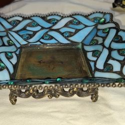 Party Lite Blue Slag Stain Glass and Brass Footed Pillar Candle Holder Dish 6 1/2 Inches C14V184