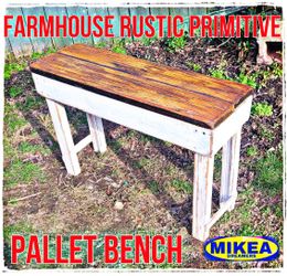 FARMHOUSE RUSTIC PRIMITIVE WOODEN PALLET BENCH GARDEN BENCH ENTRYWAY BENCH SHABBY CHIC '  DISTRESSED 
