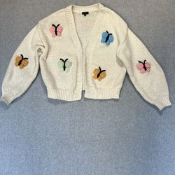 Womens Chunky Knit 3D Butterfly Embroidered Cottagecore Pastel Cardigan Small