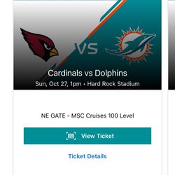 Dolphins Vs Cardinals 2 Lower Tickets  $75 Each 