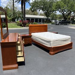 BEAUTIFUL SET QUEEN W MATTRESS W BOX / DRESSER W MIRROR & TWO NIGHTSTAND - BY RIVERS EDGER - SOLID WOOD - PERFECT CONDITION - Delivery Available