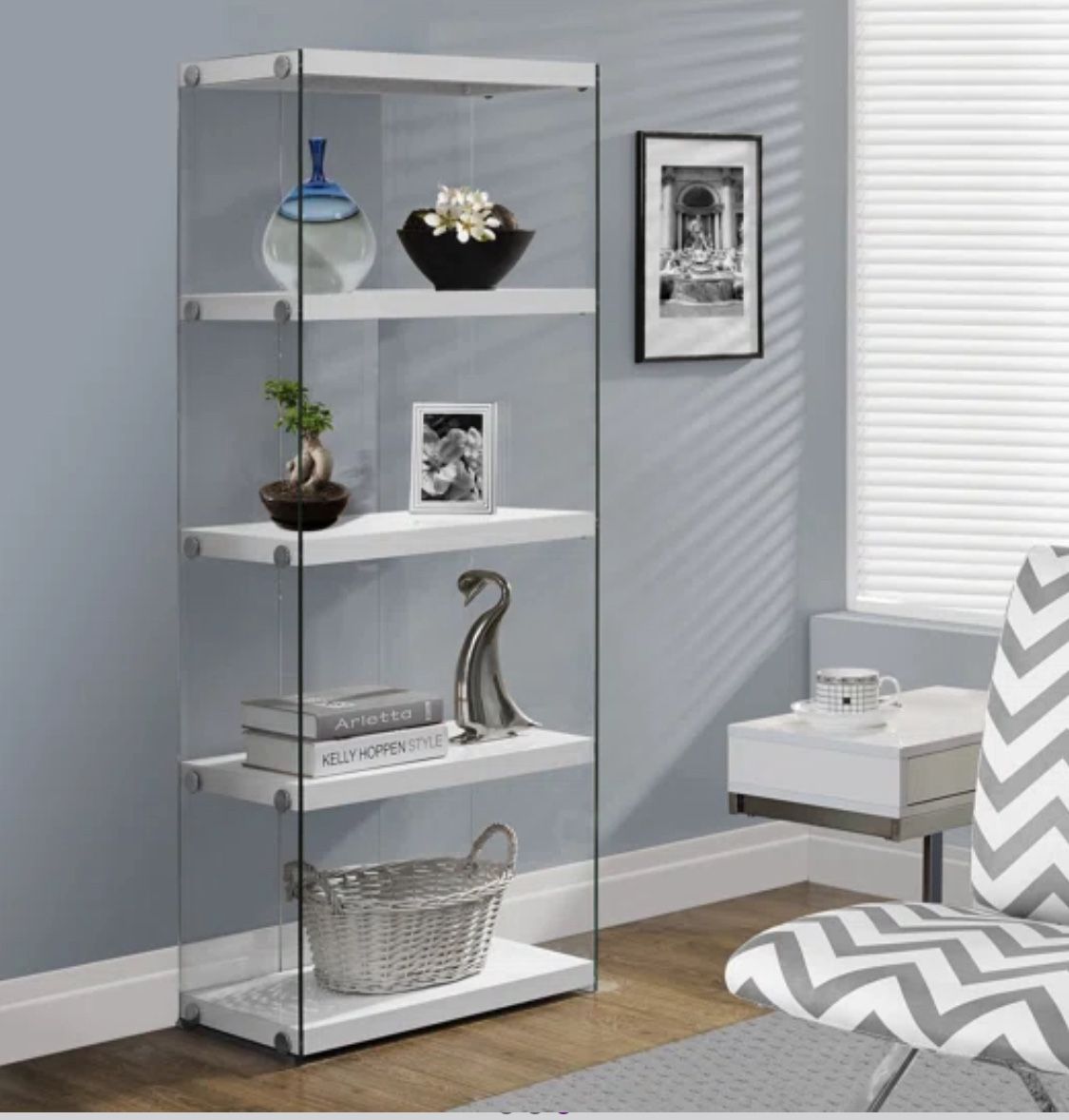 Bookshelf, Bookcase, Etagere, 5 Tier, 60"H, Office, Bedroom, Tempered Glass Clear Sides