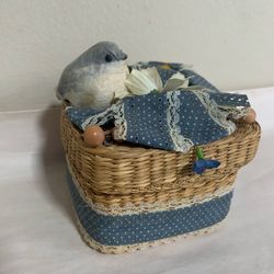 Vintage Square Woven Wicker Sewing Basket w/ Lid Music Box Lace Bird Decor Blue