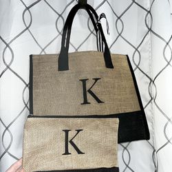 Burlap tote bag with small matching pouch