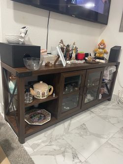 Farmhouse Glass Door TV Stand for TVs up to 80", Dark Walnut