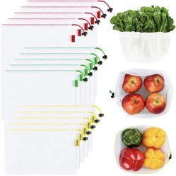 Ecowaare Set of 15 Reusable Mesh Produce Bags - Eco-Friendly - Washable and See-Through - with Colorful Tare Weight Tags - 3 Sizes