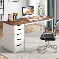 Computer Desk with 5 Drawers, 47 inches Rustic Brown Home Office Desk with Storage, Modern Simple La