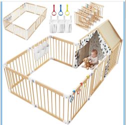 Large Wooden Large Wooden Baby Playpen with Locking Gate for Babies and Toddlers