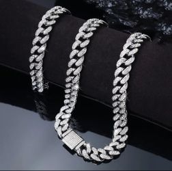 2-Pcs Fully Iced 14K White Gold-Plated Cubic Zirconia Maimi Cuban Chain Necklace & Bracelet Set