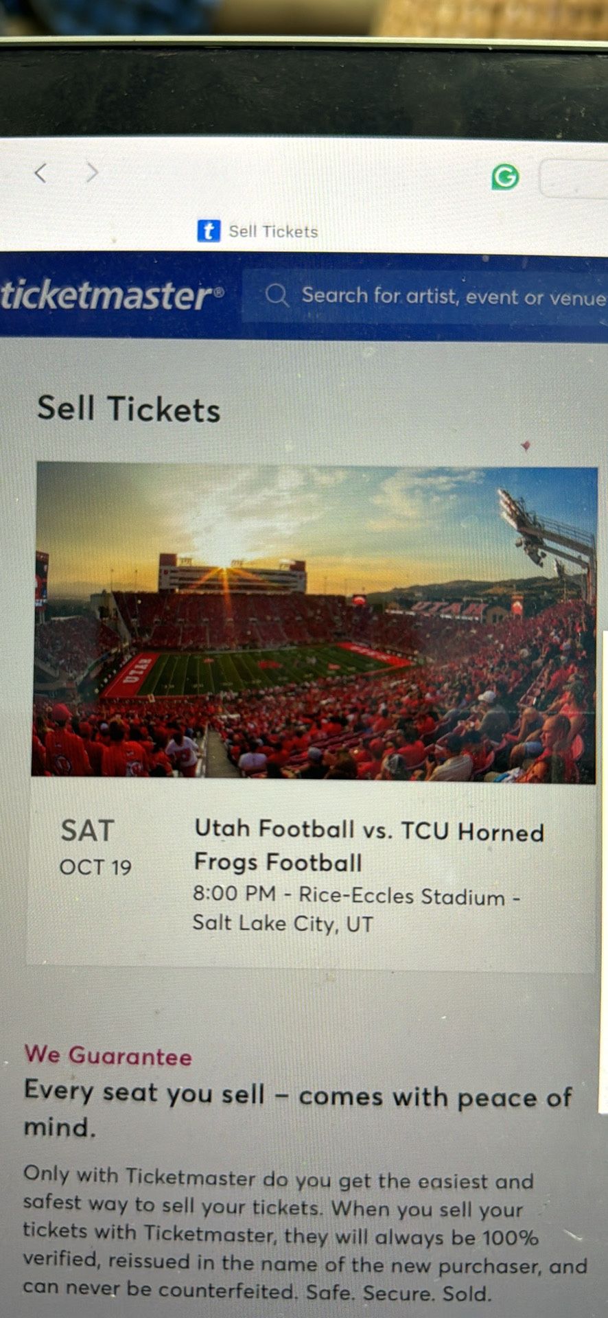 2 Tickets To University Of Utah V TCU Football Game