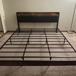 King-Size Storage Bed Frame w/ Headboard + USB/Outlet Charging Station — Only $70!