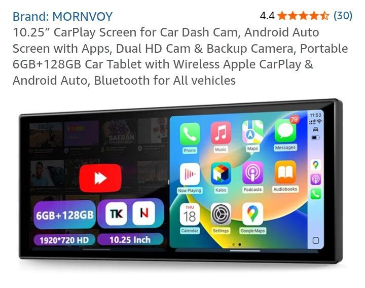 NEW MORNVOY 10.25" CARPLAY SCREEN TOUCH FOR CAR WITH DASH CAM