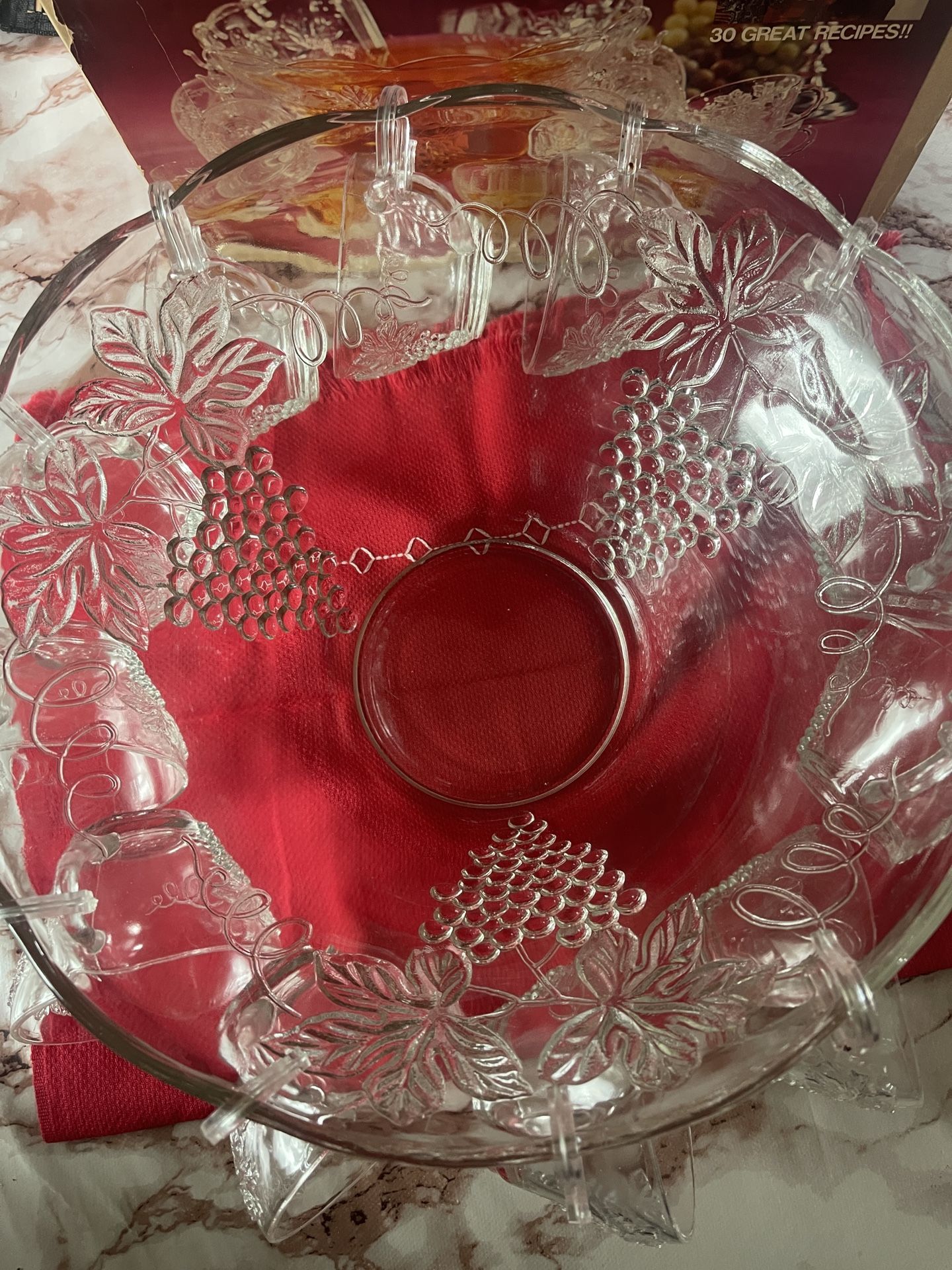 Vintage Anchor Hocking Clear Crystal Grape Design Punch Bowl Complete Set 26 Pcs