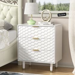 3 Drawers Nightstand, Farmhouse White Night Stand,Modern Bedside Table with Storage, Embossed Relief Design End Table for Bedroom,Small Spaces,White