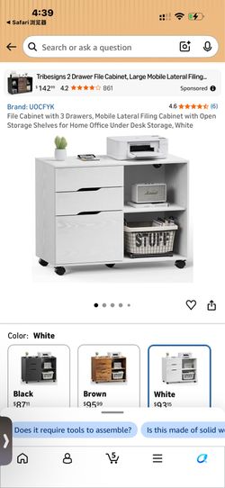 File Cabinet with 3 Drawers, Mobile Lateral Filing Cabinet with Open Storage Shelves for Home Office Under Desk Storage, White