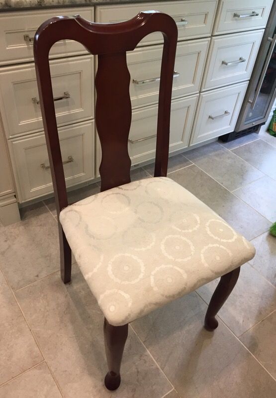 Spare dining kitchen table chair cherry wood w white fabric