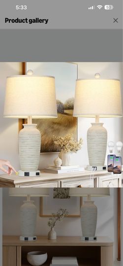 25" Retro White Farmhouse Jar Table Lamps Set of 2, 3 Way Touch Control Rustic Bedside Lamps with USB A+C Ports & AC Outlet, Pot Nightstand Lamps for 