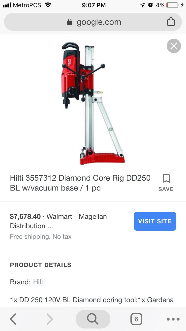 Hilti DD250 Diamond Coring Drill Unit W/ Bit Vacuum