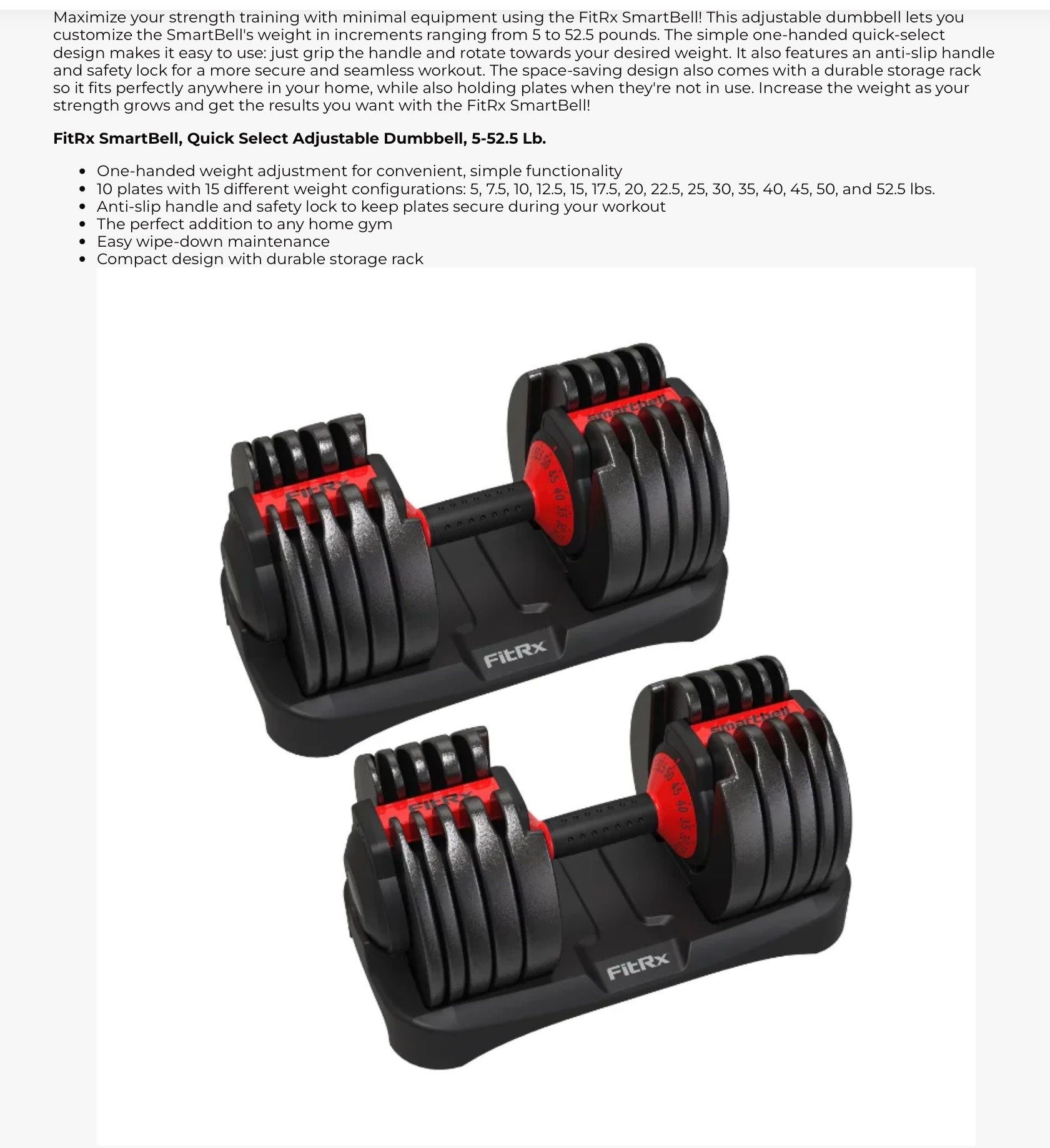 FitRx SmartBell, Quick Select Adjustable Dumbbell, 5-52.5 Lb - LIKE NEW