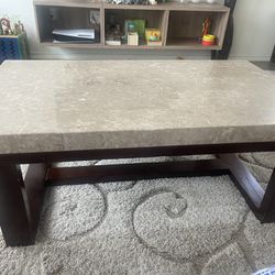 Solid Marble Coffee Table, Console Table & 2 Side Tables With Pecan Legs 