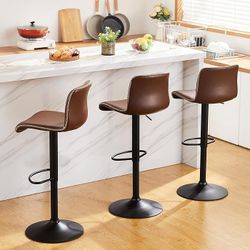 Bar Stools Set of 3, Swivel Counter Height Barstools with Back, Adjustable Height 24" to 32", Brown Faux Leather Bar Chairs f
