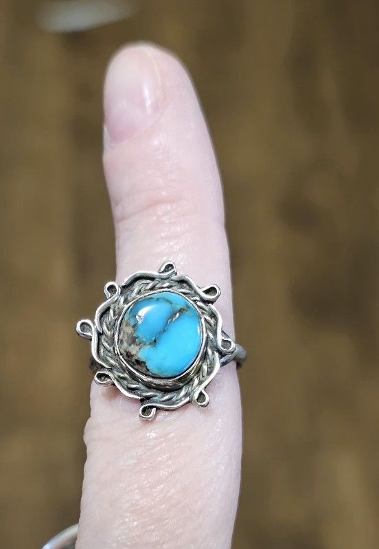 Vintage Natural Morenci Turquoise w/ Crystal Quartz Matrix Silver Navajo Ring